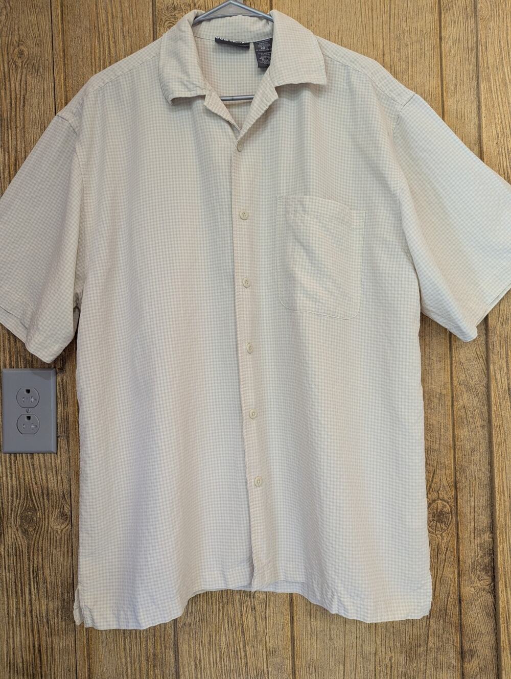 Counter Culture Men’s Shirt Large Beige Check Short Sleeve Button Up Rayon Blend